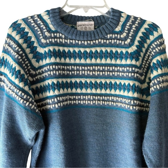 Parkhurst Vintage Wool Fair Isle Sweater Size Medium Blue Made in Canada 70s 80s - Picture 2 of 7